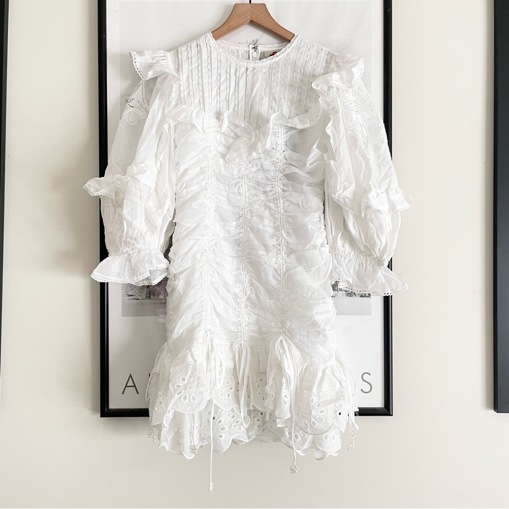 Farm Rio White Lace Cotton Mini Dress Eyelet Scalloped Victorian NWT S M - Picture 7 of 16